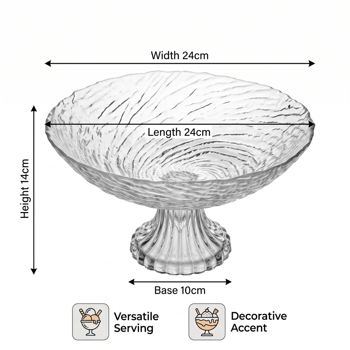 Clear Glass Decorative Pedestal Fruit Bowl – 24cm Textured Rippled Surface, Footed Base for Fruits and Desserts