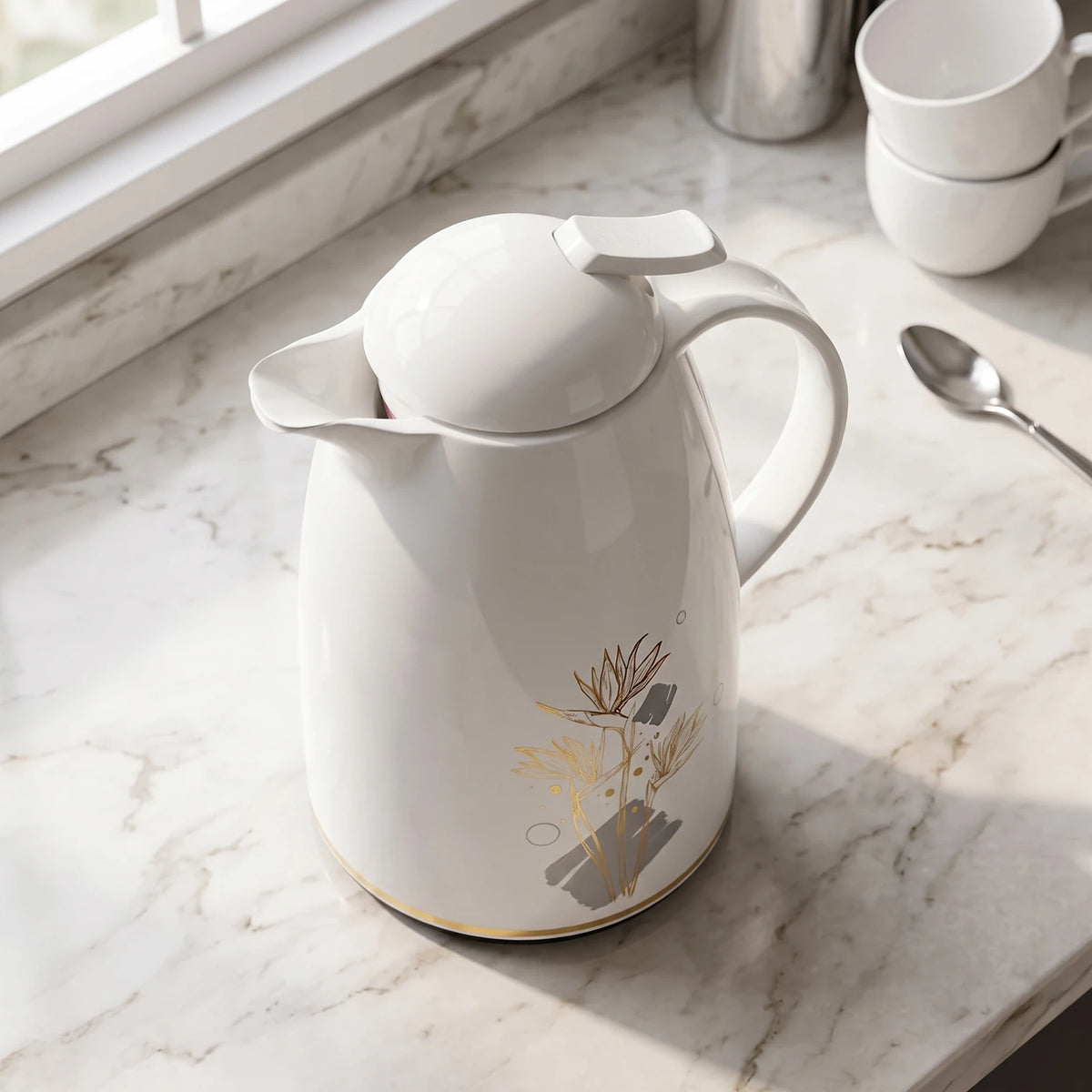 Regal White Vacuum Flask 1.0 Liter – Luxury Floral Design | Leak Proof | Keeps Hot 12 Hours and Cold 24 Hours