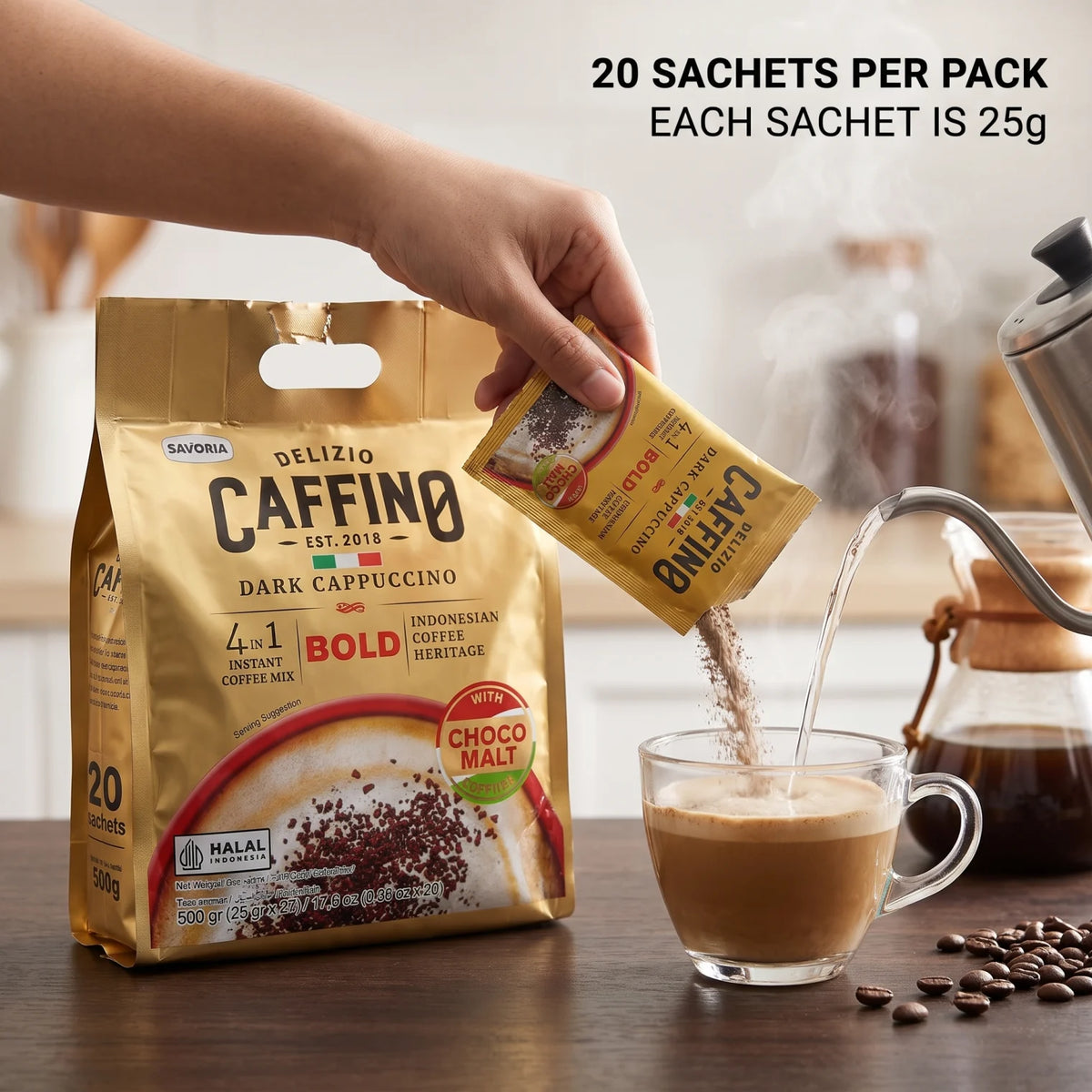 SAVORIA DELIZIO CAFFINO Dark Cappuccino 500g – 20 Sachets | 4 IN 1 Instant Coffee Mix with CHOC MALT TOPPING