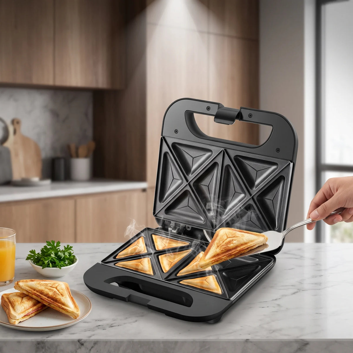 RAF Sandwich Maker R.596 – 850W Electric Black & Silver Appliance | Non-Stick Coating | Double-Sided Heating | Uniform Heat | Easy-Clean Design