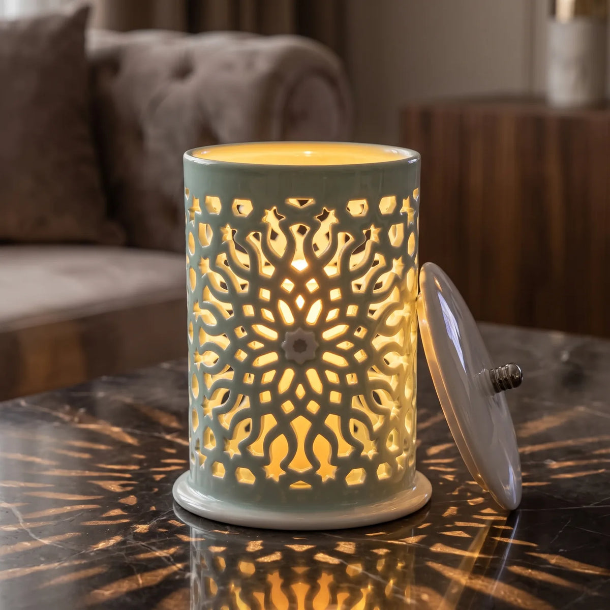Otantik Home Asalah Electronic Candle Holder – Teal & Silver, 24cm | Intricate Porcelain Cutout Design | Decorative Home Accent