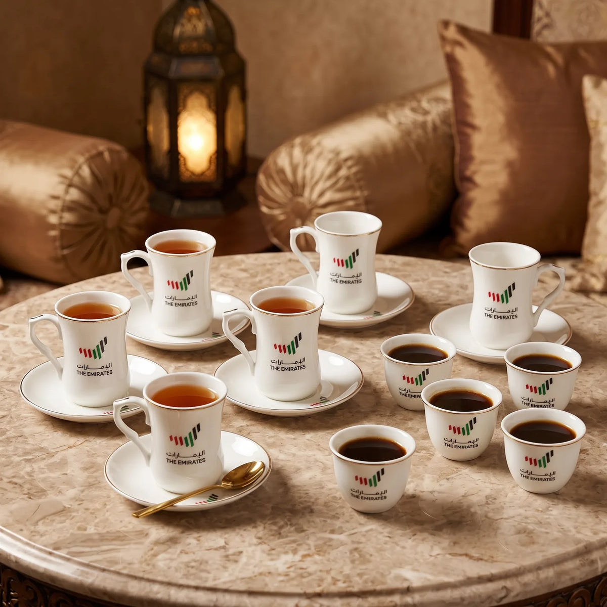 THE EMIRATES UAE National 18-Piece Fine Porcelain Tea and Coffee Set | 6 Tea Cups, 6 Saucers, 6 Arabic Coffee Cups, Gift Box