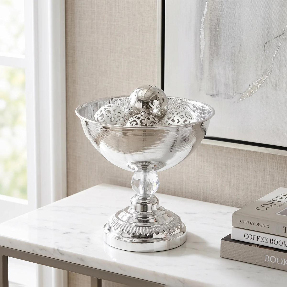 Shiny Silver Metal Decorative Footed Bowl – 18 cm Height, 19 cm Width and Length | Ornate Home Display Accent
