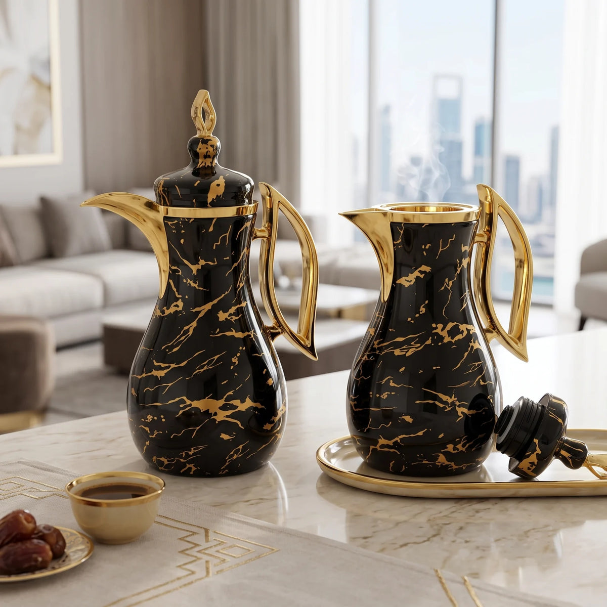 Pilsco 2-Piece Marble Black - Gold Decorative Vacuum Flask Set | Arabic Design, Stainless Steel, 1.0 + 1.0 L