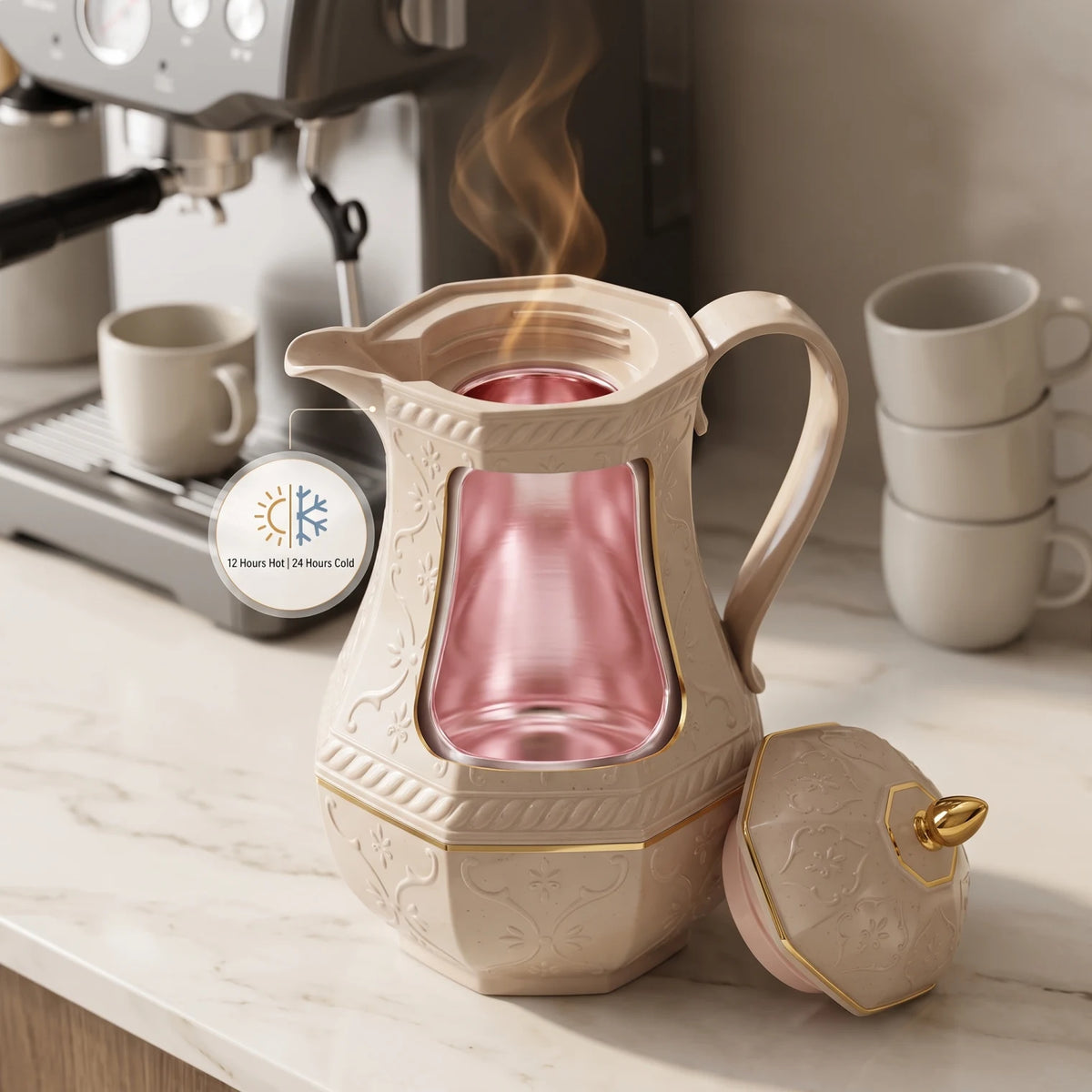 Rose Beige Premium Vacuum Flask 1.3L – Ornate Floral Pattern, Leak-Proof Tea & Coffee Thermos for Hot or Cold Drinks
