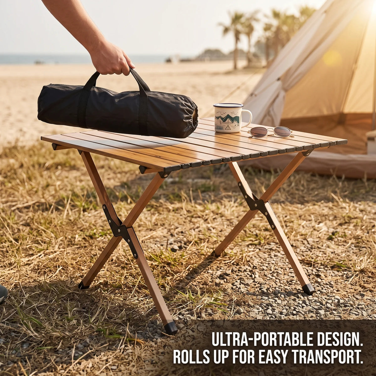 Portable Folding Roll-Up Alluminium Alloy Camping Table – Wood Effect, 44 x 58 x 60 cm | Slatted Picnic Table