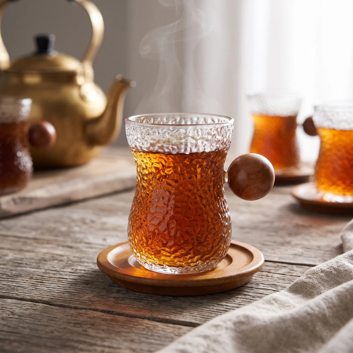 12-Piece Cups and Saucers Set – 6 Glass Tea Tasting Cups with Wooden Handles, Textured Surface and 6 Wooden Saucers