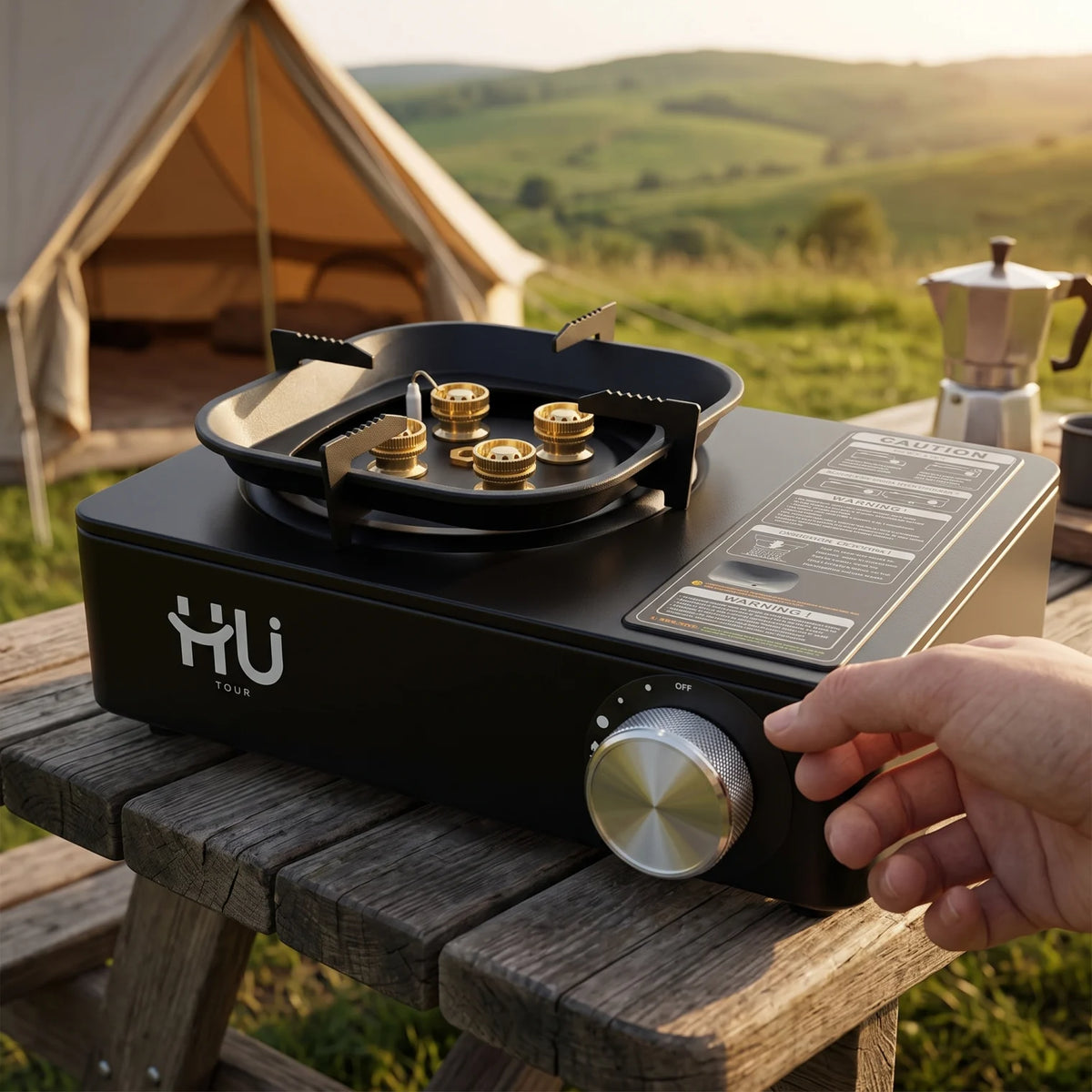 HU TOUR Portable Gas Stove Black – 28 x 21 x 13 cm | Burner Assembly, Pot Supports and ON/OFF Control Knob | Portable Cooking Stove