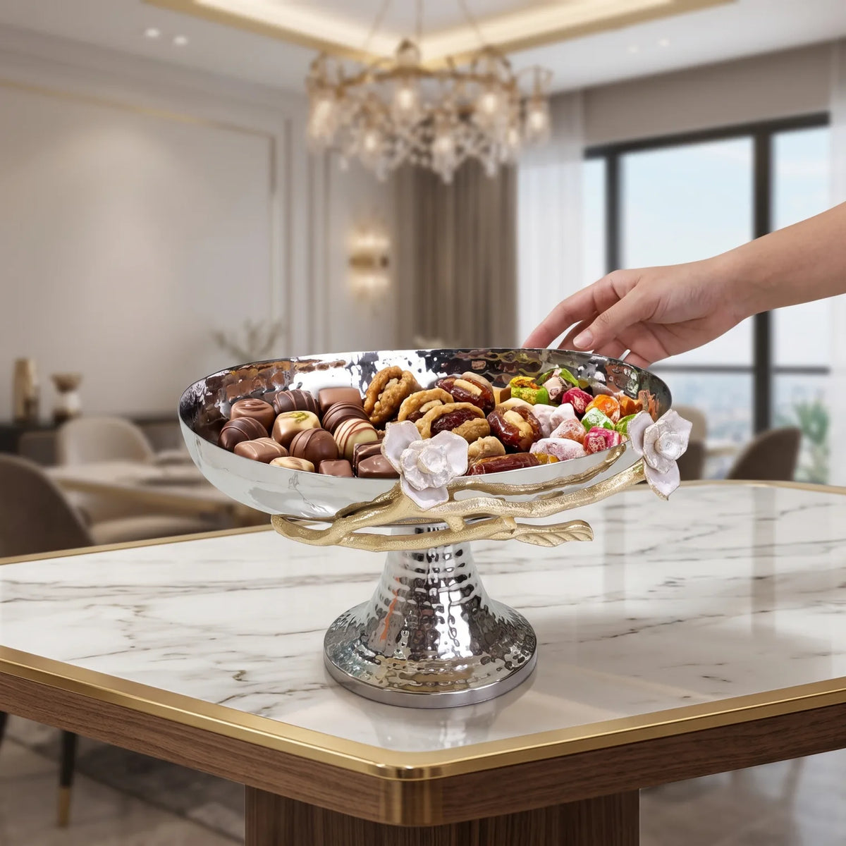 Silver Metal Oval Plate with Base – Gold-Toned Branch and White Floral Accents | Decorative Pedestal Serving Tray Stand