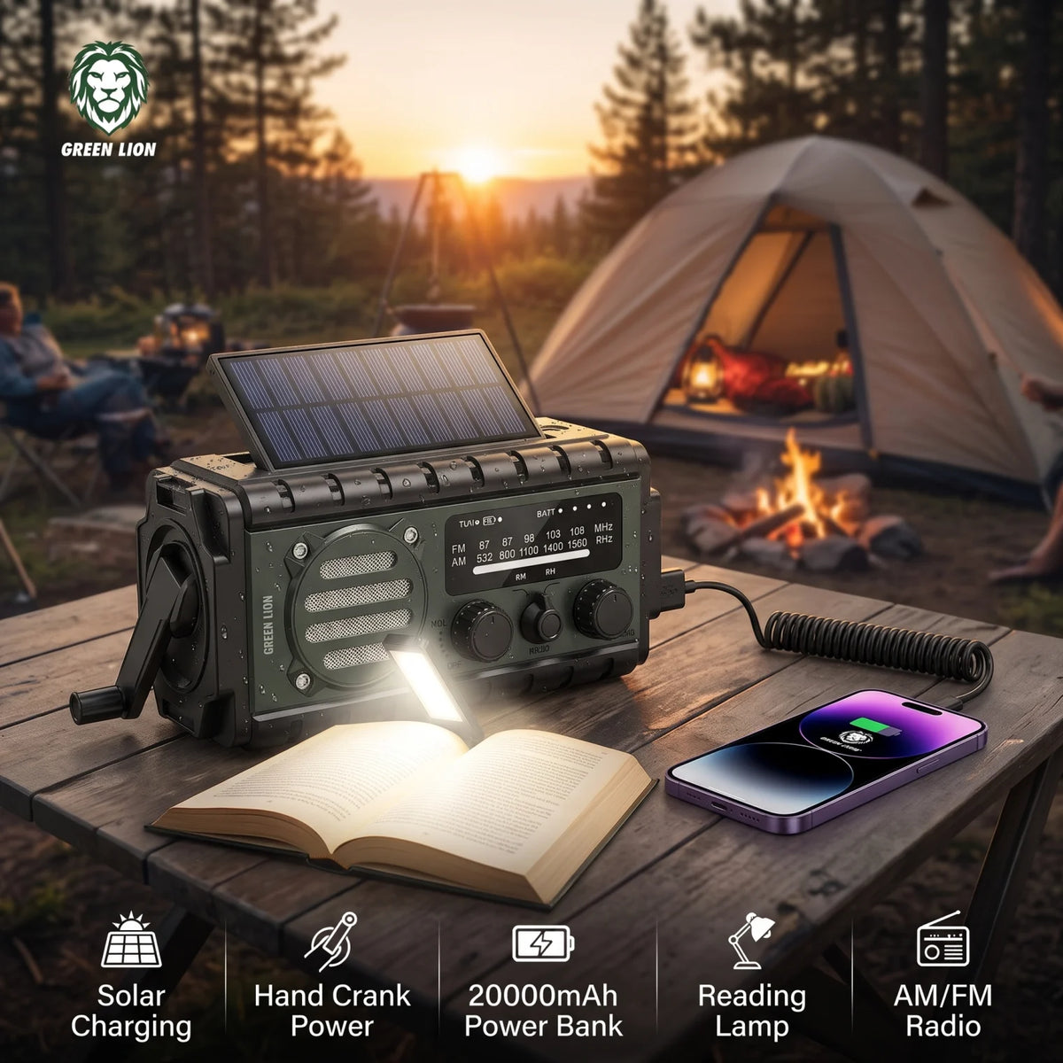 GREEN LION G-RADIO 20000mAh Emergency Radio, Power Bank & Flashlight | Solar Panel, Hand Crank, IPX6 Water Resistance, SOS Alarm, Reading Lamp