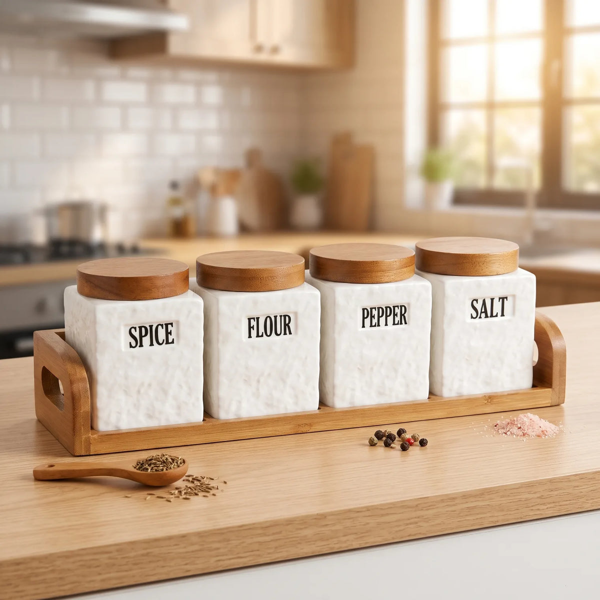 4-Piece Ceramic Canister Set with Wooden Airtight Lids and Tray – Spice, Flour, Pepper and Salt Containers