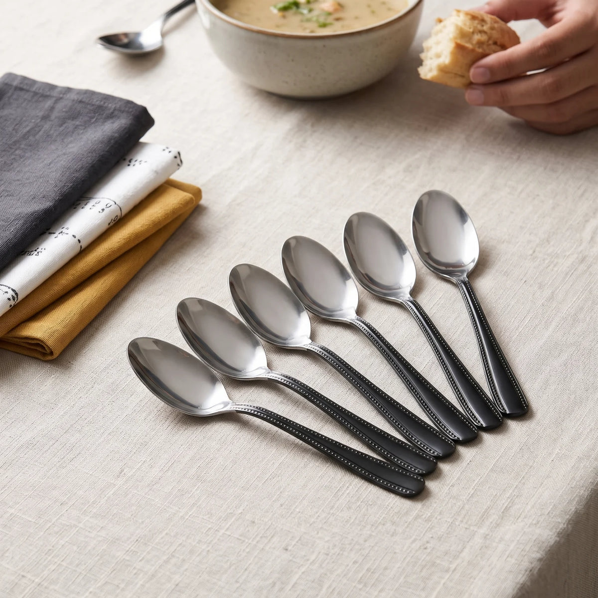 GARISON Stainless Steel Dinner Spoons, 6-Piece Set – Black Handles, Silver Bowls, Decorative Dotted Detailing for Everyday Table Settings