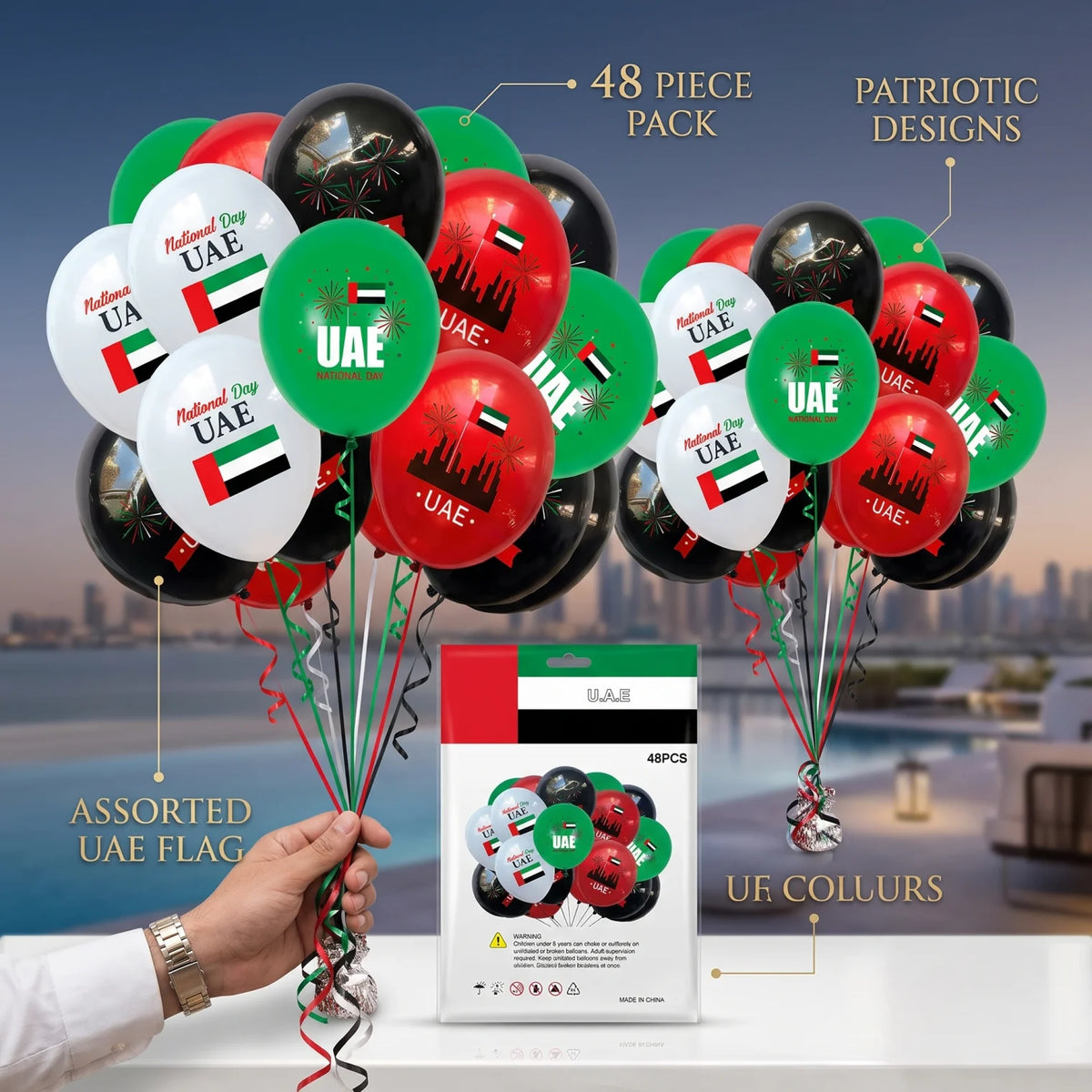 48 Pieces UAE National Day Baloons – Assorted UAE Flag Designs | Red, Green, Black, White & Blue Party Decorations