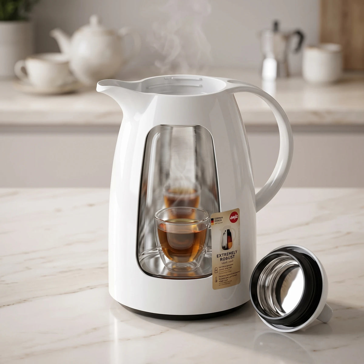 Emsa Auberge Quick Tip White Vacuum Flask – 1.5 Litre | Leak Proof | Keeps Drinks Hot for 12 Hours and Cold for 24 Hours