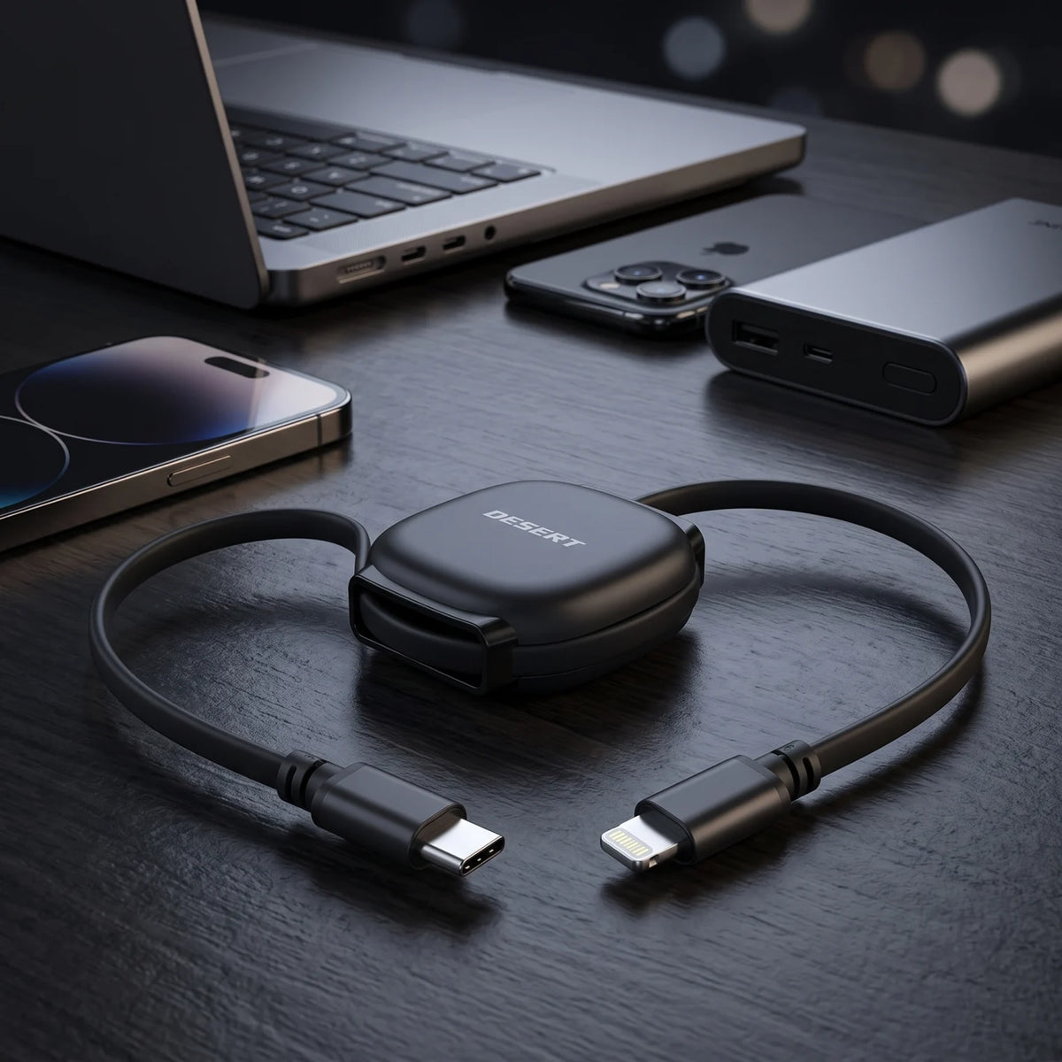 DESERT Retractable Cable DS-352 27W Black Fast Charging Data Cable with Lightning and USB-C Connectors