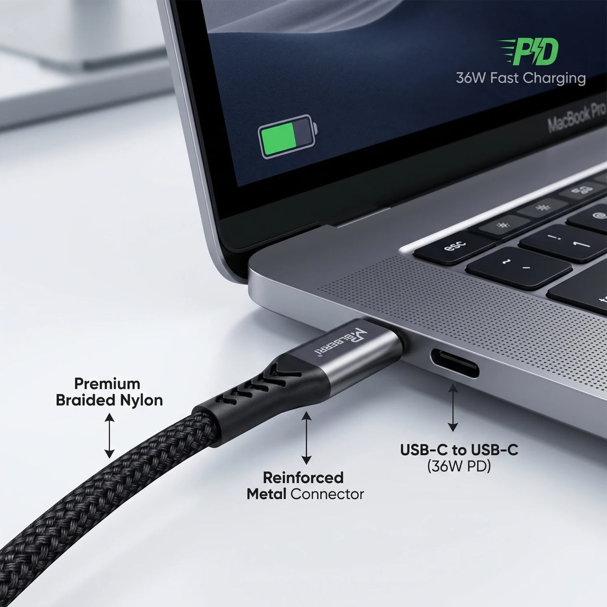 MPBLBERRI Type-C to Type-C PD Charging Cable – 2M, 36W, Black, Braided USB-C Cable