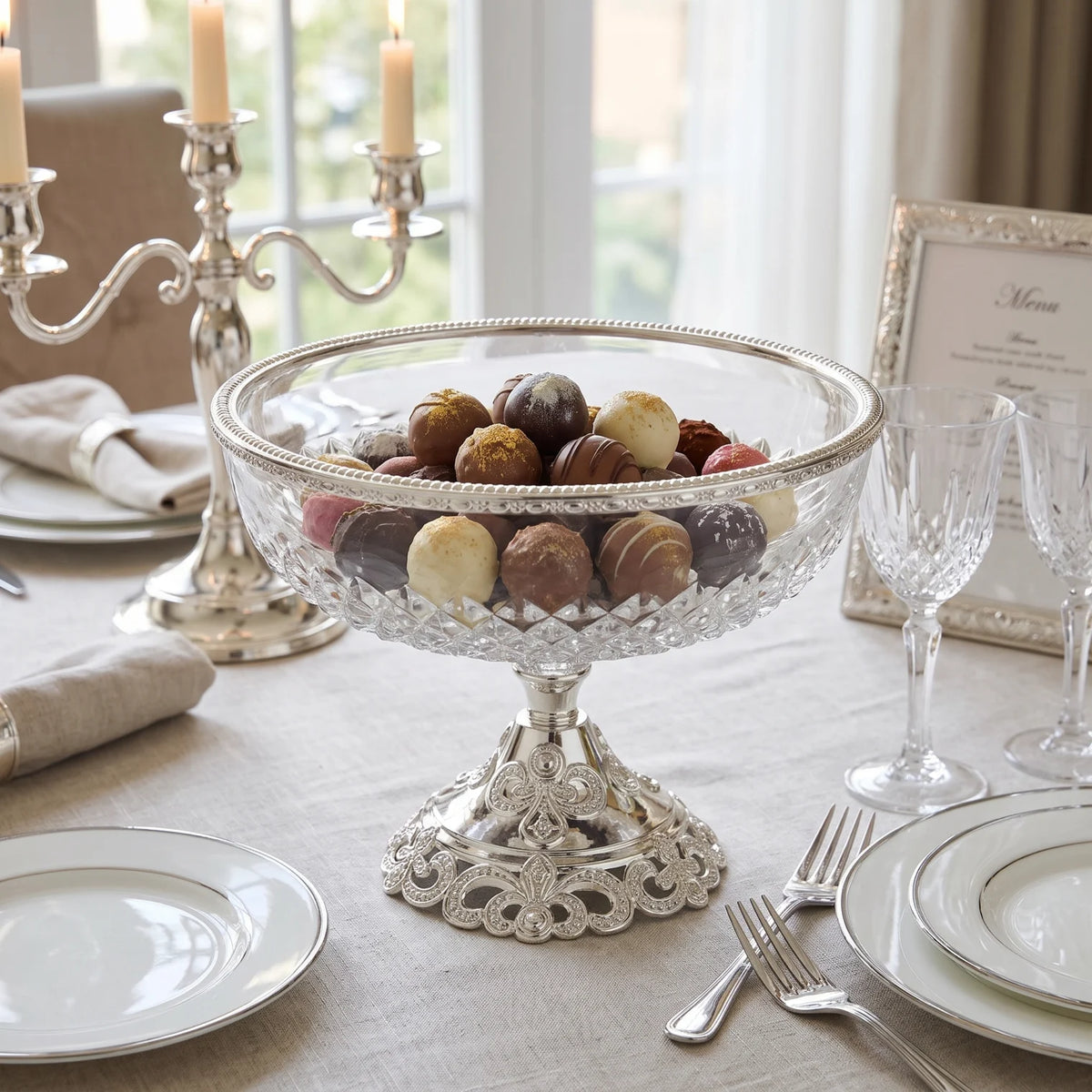 Glass Serving Bowl 28 cm × 22 cm – Elevated Pedestal Design | Faceted Clear Glass with Decorative Metal Base and Rim - Silver - Image 3