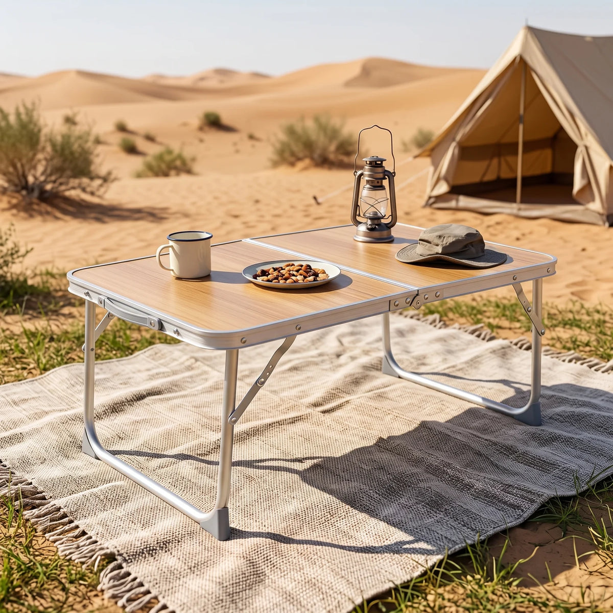 Alluminium Alloy Portable Folding Camping Table – 60 x 40 x 26 cm | Wood-Grain Finish Top | Folding Tabletop and Legs for Outdoor Use