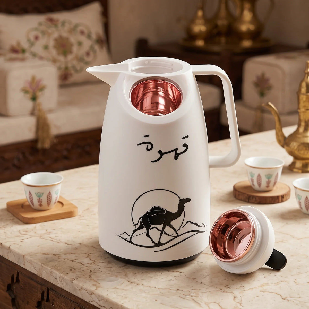 Crystal House White Vaccum Flask 1 Liter – Black Desert & Camel Artwork, Qahwa Calligraphy, Leak Proof