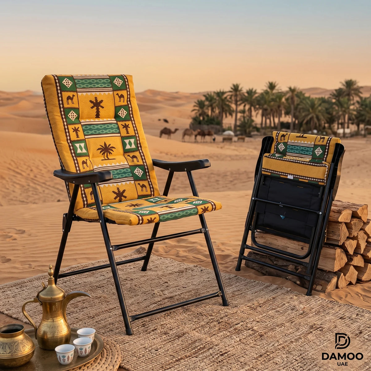 Jiham Portable Folding Leisure Camping Chair – 92 x 59 x 70 cm | Traditional Sadu-Style Camel and Palm Pattern | Armchair with Armrests