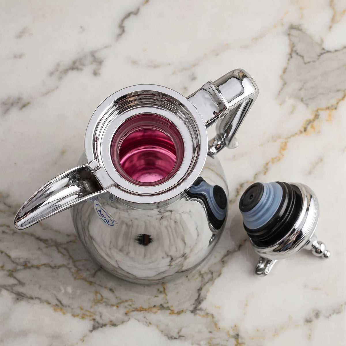 Ansa Traditional Arabic Stainless Steel Vacuum Flask – 0.35 or 0.6 Liters | Pink Glass Interior | Leak Proof Tea and Coffee Server - Plain Silver / 0.6 Liters - Image 3