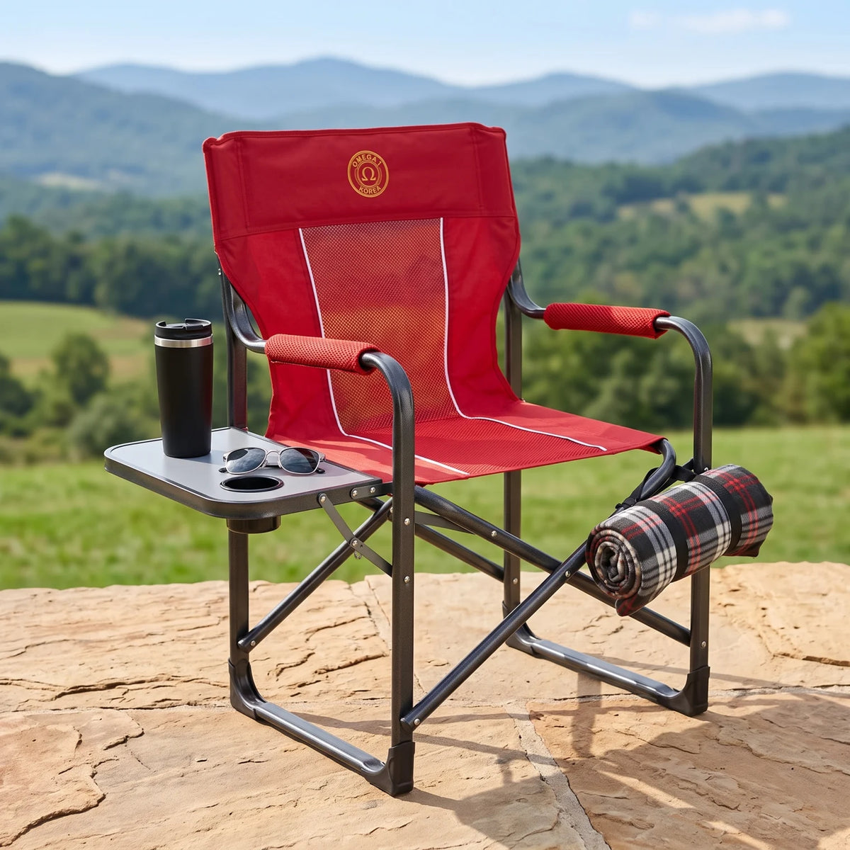 OMEGA KOREA 1 Heavy Duty Portable Director Camping Chair – Folding Outdoor Chair with Attached Side Table, Cup Holder & Mesh Backrest - Red - Image 3