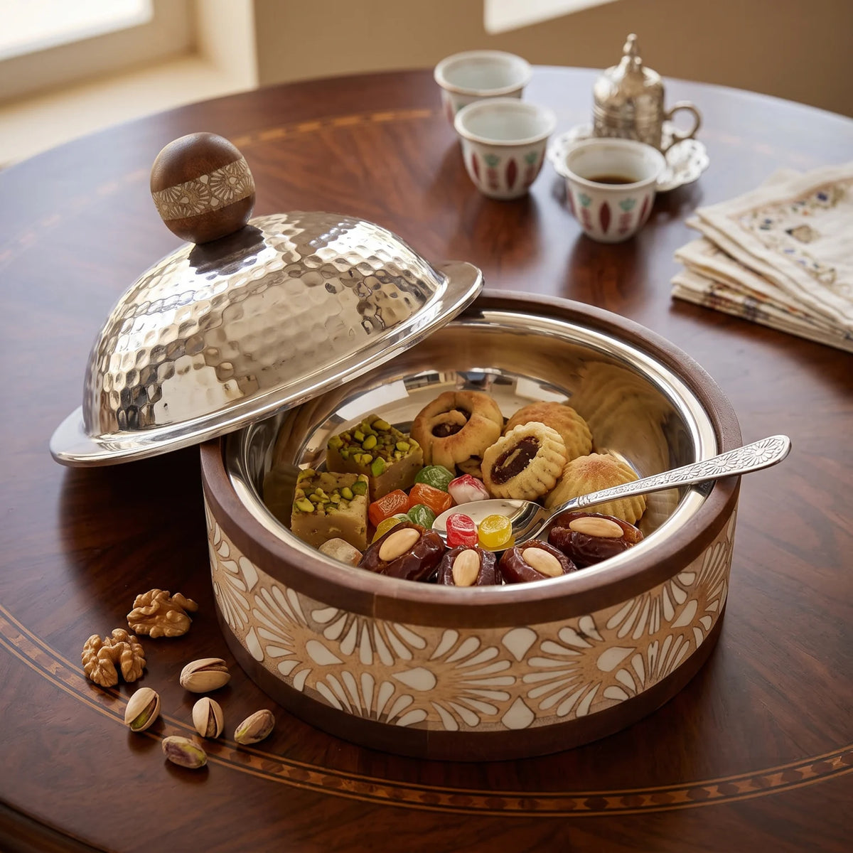 Dallah Addar Wooden and Steel Serving Pot with Lid, 15 x 18 x 18 cm | Halwa, Sweets, Candy and Nuts Serving Container