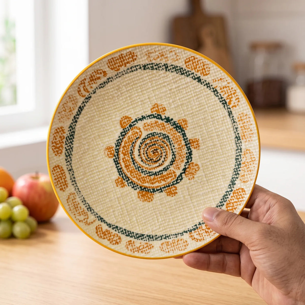 20 CM Porcelain Fruit Plate – Decorative Round Tableware with Textured Surface and Yellow Rim