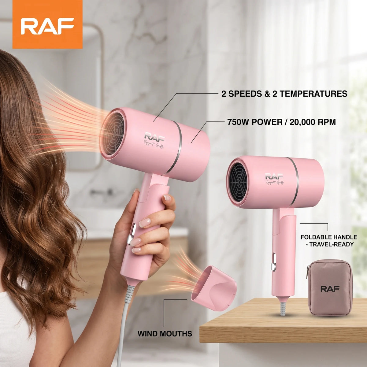 RAF Hair Dryer R.4614 – Pink 750W, 20,000 RPM | 2 Speeds & 2 Temperatures | Foldable Handle, Lightweight Low-Noise Design, Overheat Protection