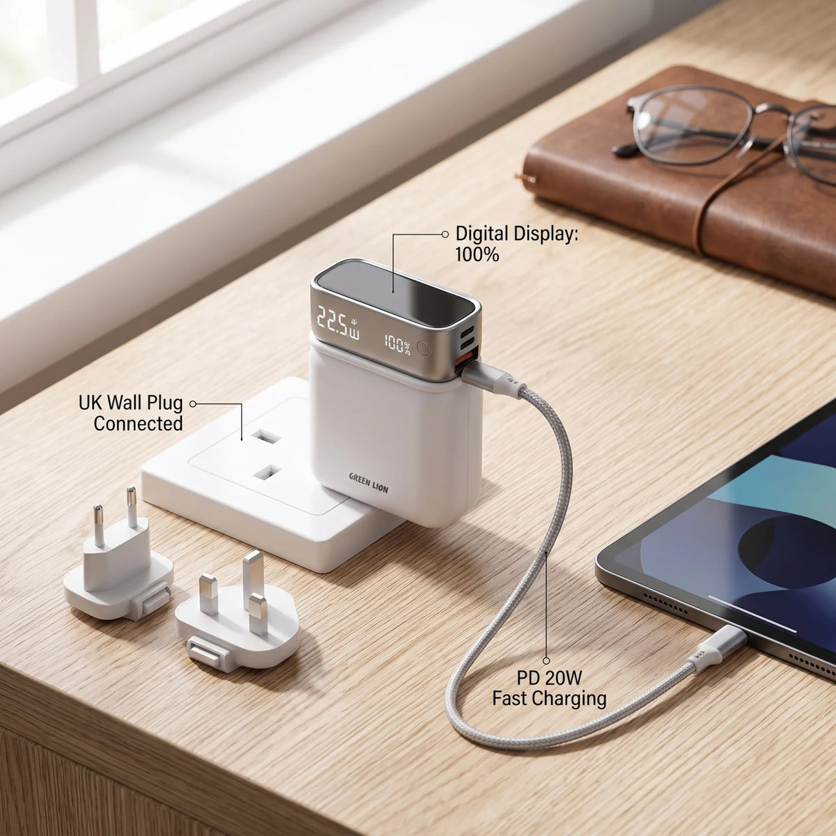 Green Lion DYNO 2 IN 1 10000mAh Power Bank and Power Adapter – Digital Display, Interchangeable UK/EU Plugs, QC 3.0, PD 20W Fast Charging