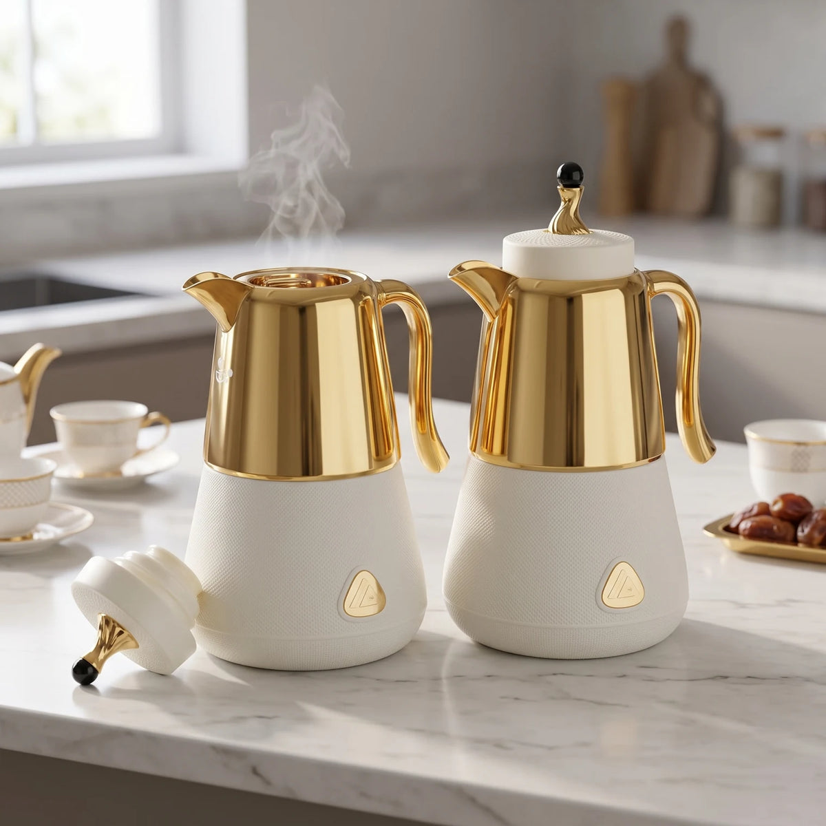 LALOZA 2-Piece White Textured Gold Premium Vacuum Flask Set – 1.0L + 1.0L | Leak-Proof Tea and Coffee Serving Flasks