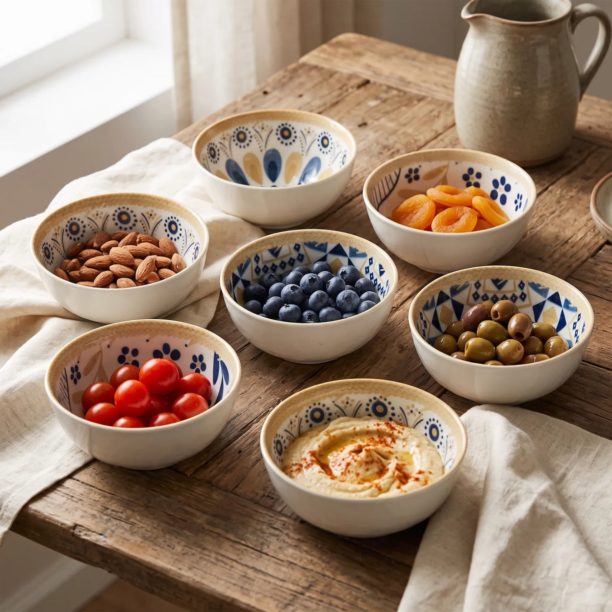 6-piece Ceramic Bowls Set Blue and Yellow Floral and Andalusian Pattern | Glossy Round Serving Tableware Bowls