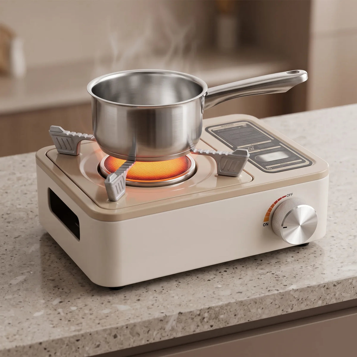 Infrared Gas Stove (LJ-109) – Single-Burner Portable Cooker with Circular Burner, Four Pot Supports, ON/OFF Control Knob, Beige Body