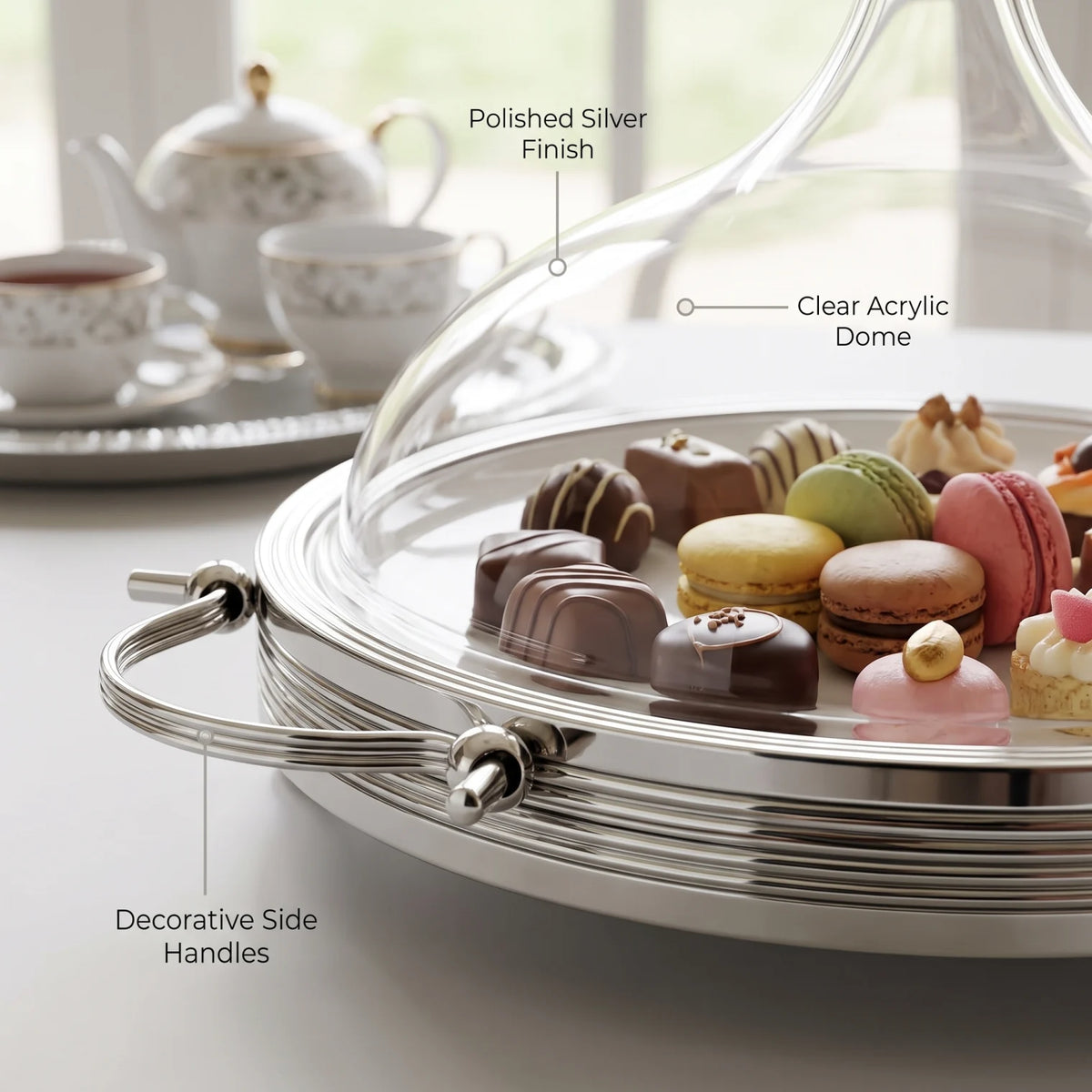 Ansa Premium Silver Serving Tray with Domed Acrylic Cover – Small & Medium Sizes | Raised Dessert Stand for Cakes, Fruits, Sweets and Chocolates - Silver / Medium - Image 4