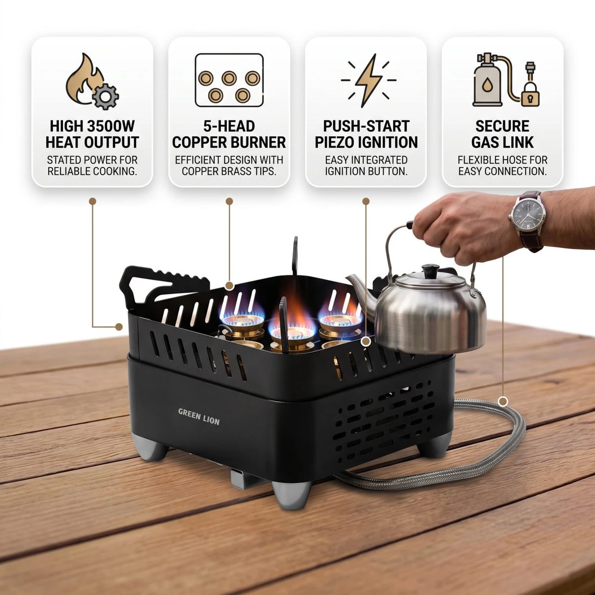 GREEN LION CAMPFIRE Portable Camping Gas Stove – 3500W 5-Way Copper Burner, Butane Compatible, Push-Start Ignition for Outdoor Cooking, Black