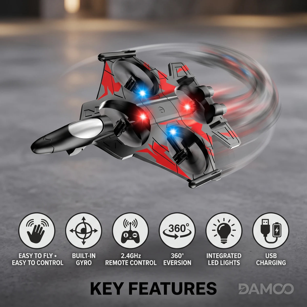 FIGHTER PLANE Remote-Controlled Toy Fighter Plane – 2.4GHz Four-Axis Aircraft with LED Light, Gyro, 360° Eversion and USB Charging