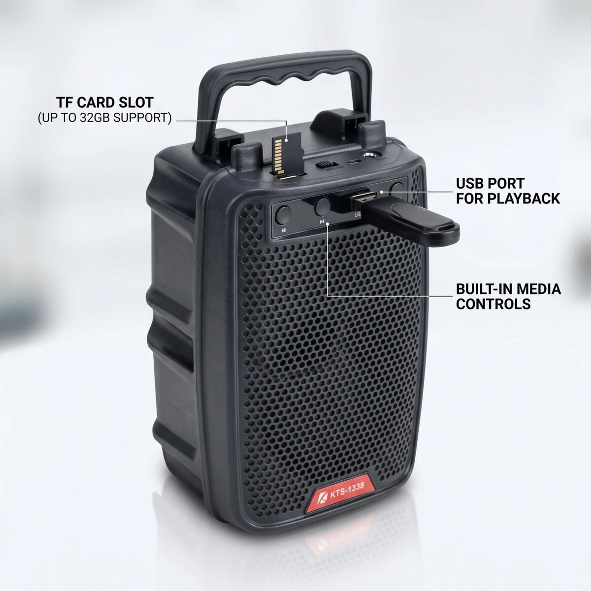 KBroad Wireless Speaker KTS-1338 – Portable Audio Speaker with Carrying Handle, USB Port, TF Card Slot, Media Controls and Orange Accent