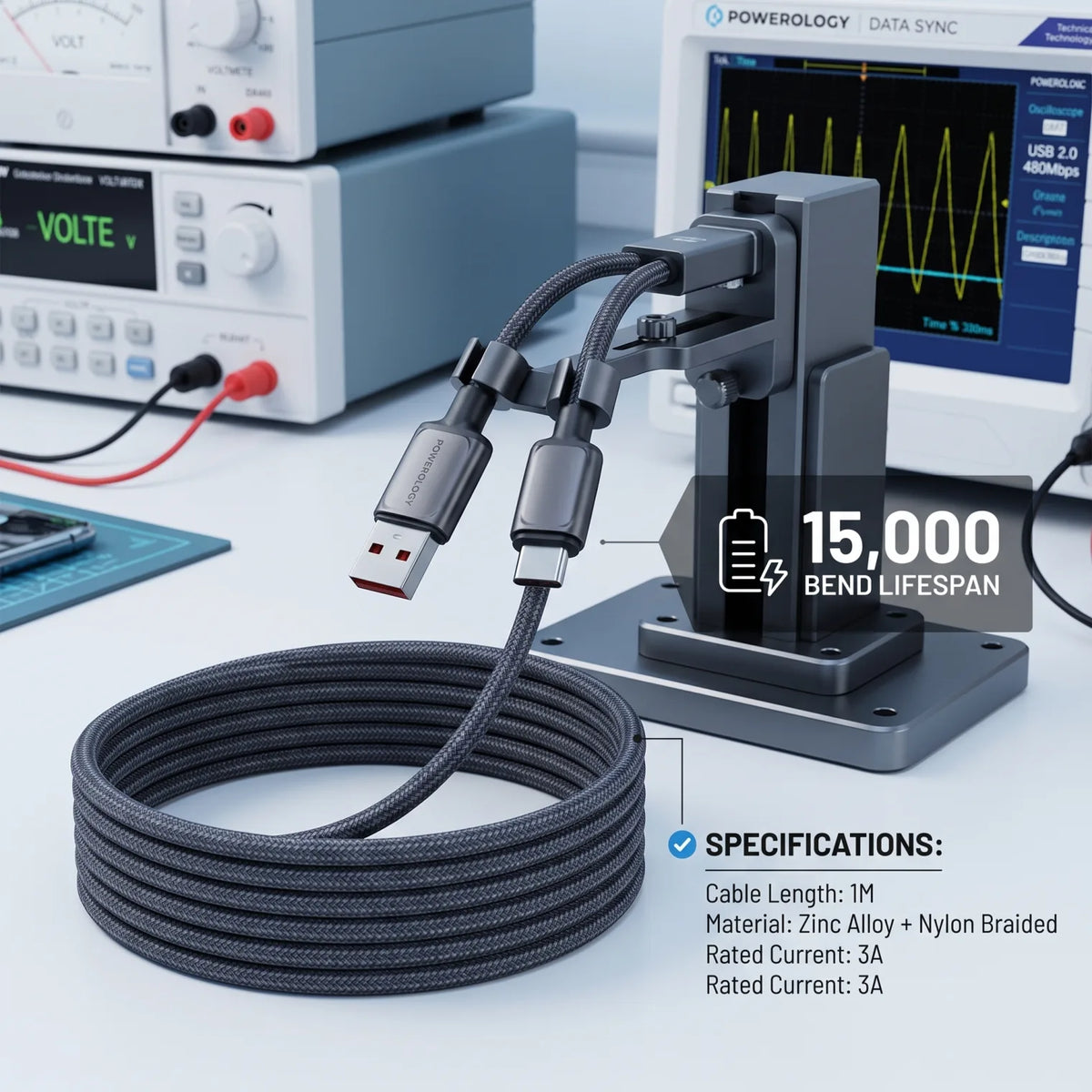 POWERОLOGY ZINCO SERIES USB-A to USB-C Cable 1M / 3.2FT | 3A High Current | High-Speed Charging & Data Sync | 15,000 Bend Lifespan