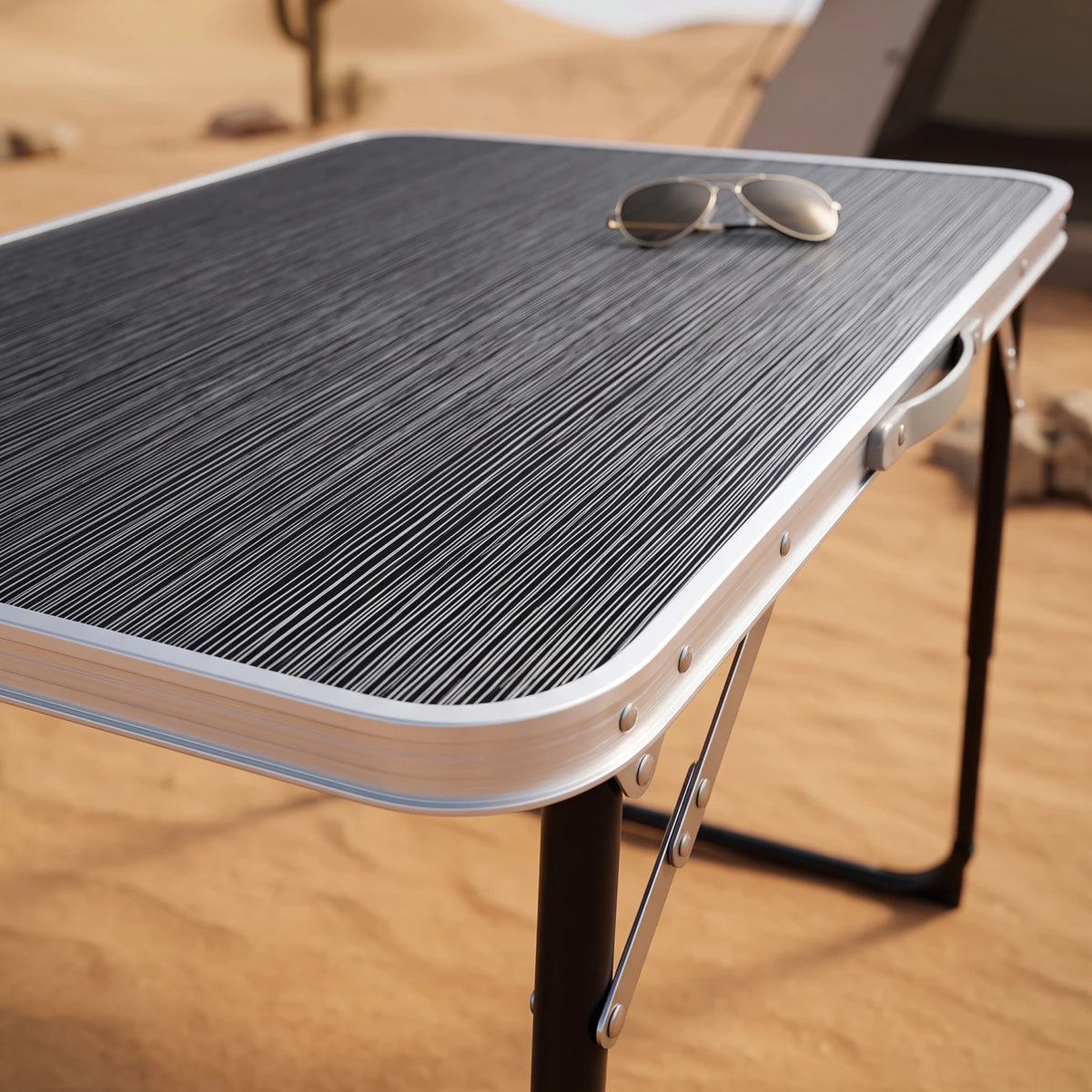 Alluminium Alloy Portable Folding Camping and Picnic Table – 80 x 60 x 70cm | Black and White Lining Texture Top