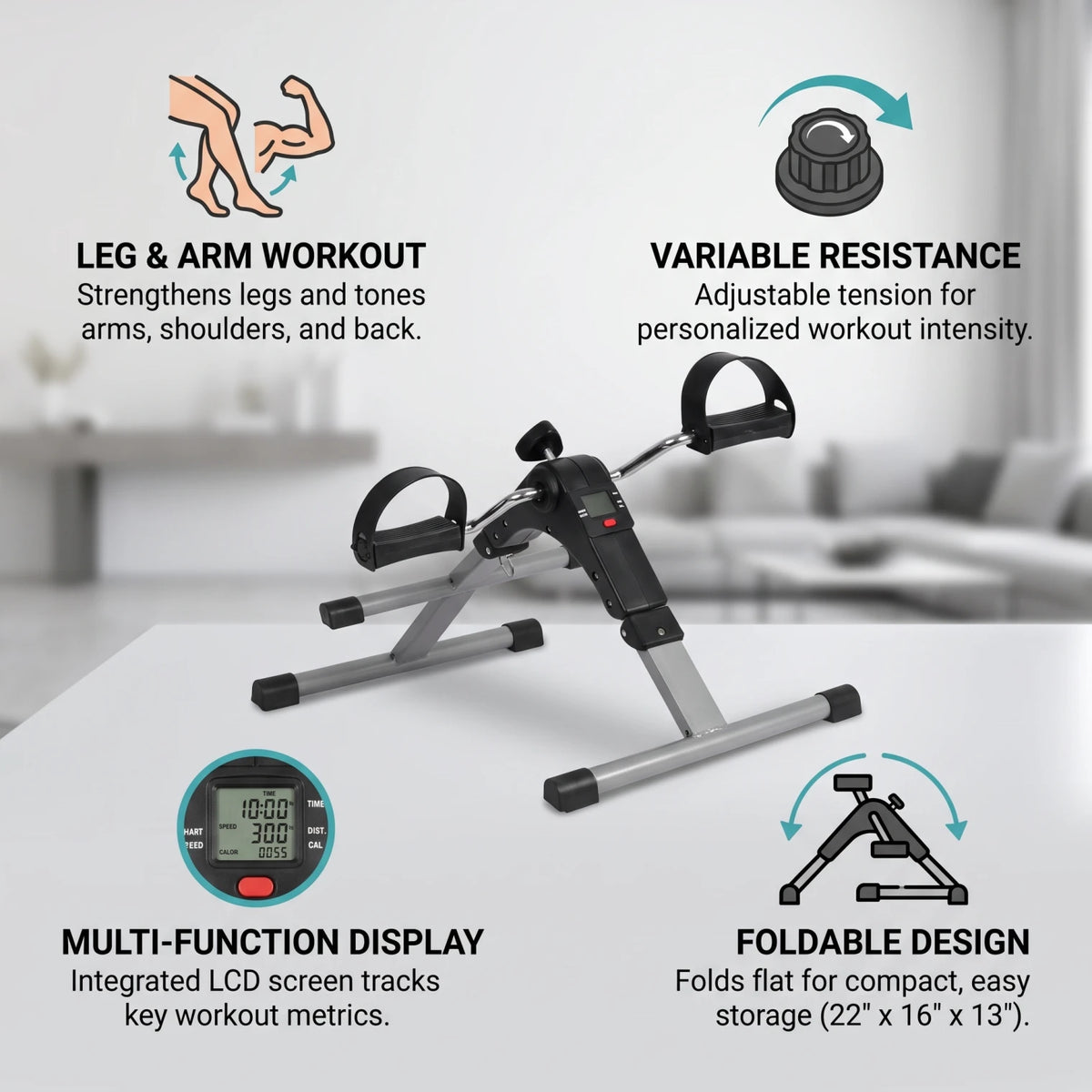 Arm and Leg Pedal Exerciser – 22 x 16 x 13 in | Variable Resistance | Multi-Function Display | Foldable Low-Impact Cardio Trainer