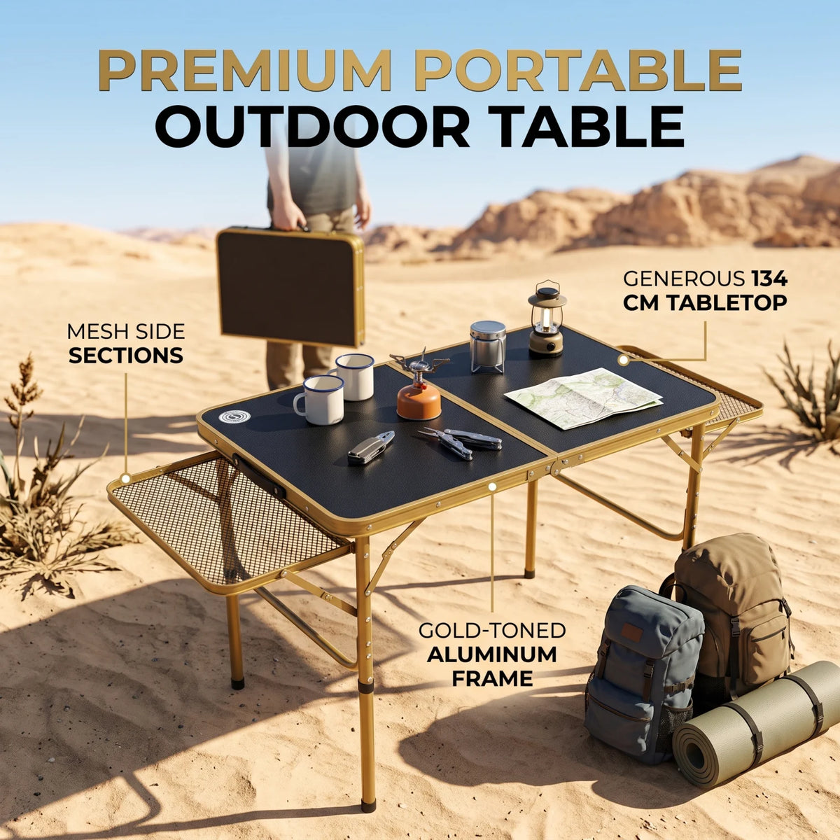 Omega 1 Korea Lightweight Foldable Gold-Toned Outdoor Camping Table – H70 x W60 x L134 cm | Mesh Side Sections | Portable Folding Table