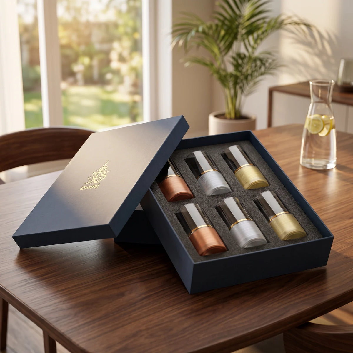 Dimlaj 6-Piece Glass Set – Textured Drinking Tumblers with Gold Bands in Mixed Metallic Tones, Presented in a Gift Box