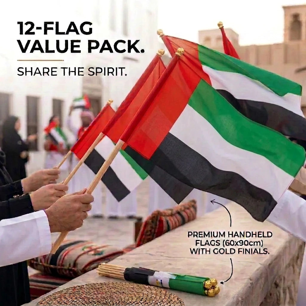 UAE Flag 30 x 45 cm, Pack of 12 – Handheld United Arab Emirates National Flags with Wooden Sticks and Gold-Colored Finials