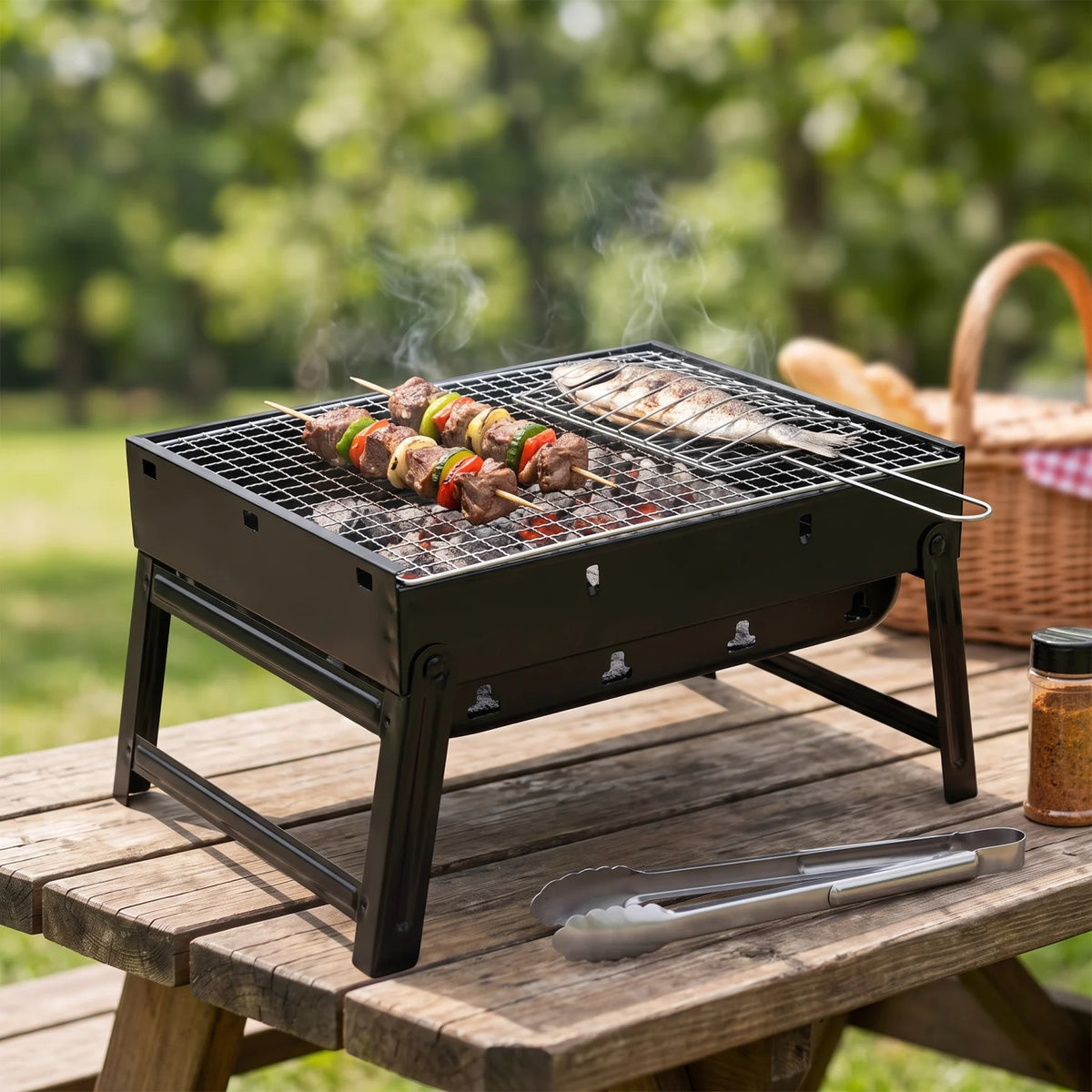Portable Barbeque Charcoal Grill Black – 39 x 28 x 20cm | Metal Cooking Grate, Four-Leg Stand, Ventilation Openings for Camping & Picnics