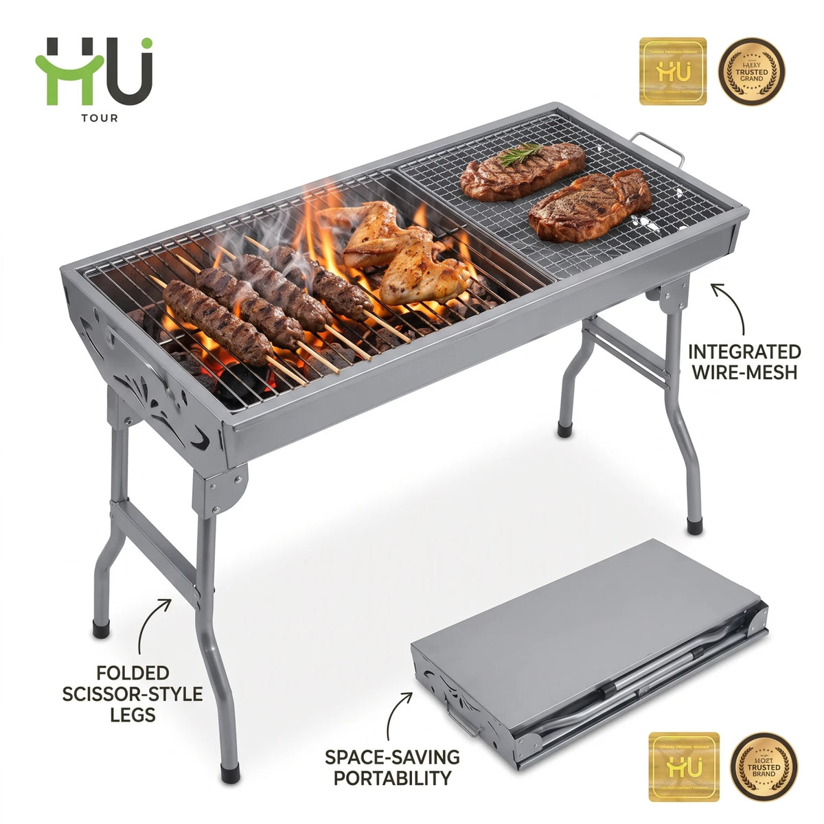 HU TOUR BBQ Portable Barbeque HTO-1027 – 68 x 33 x 98 cm | Folding Metal Grill with Wire-Mesh Surface and Scissor-Style Legs