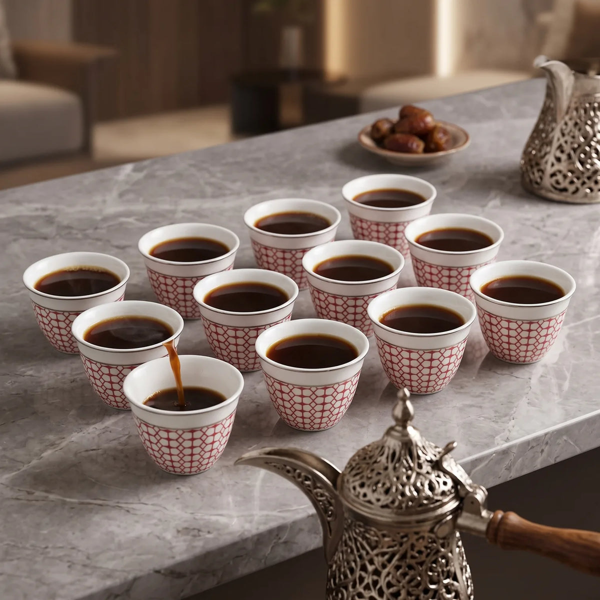WINDCERA Porcelain 12-Pieces Gahwa Cup Set – White Cups with Red Geometric Lattice Pattern and Metallic-Colored Rims, 4 x 7 x 7 cm Each
