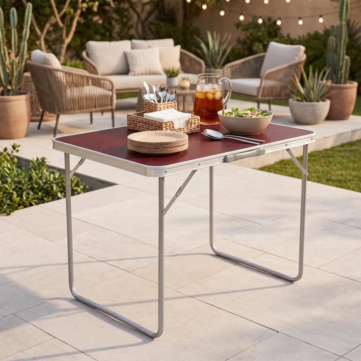 Alluminium Alloy Portable Folding Camping & Picnic Table – 70 x 60 x 80 cm | Maroon Wood-Grain Top | Outdoor Serving Table