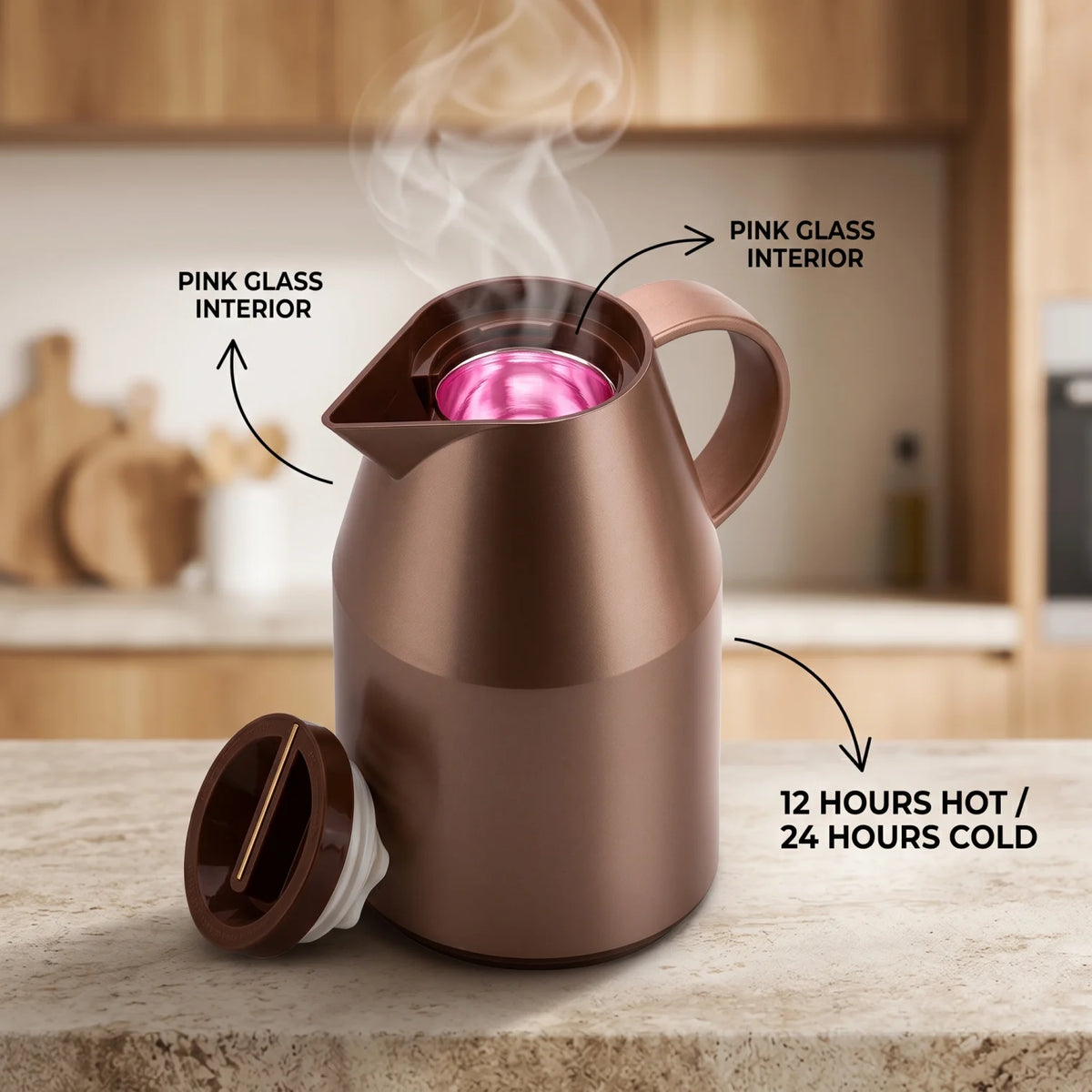 Parati Vacuum Flask 1.0 Liters – Leak Proof Tea and Coffee Flask | 12 Hours Hot, 24 Hours Cold | Pink Glass Interior