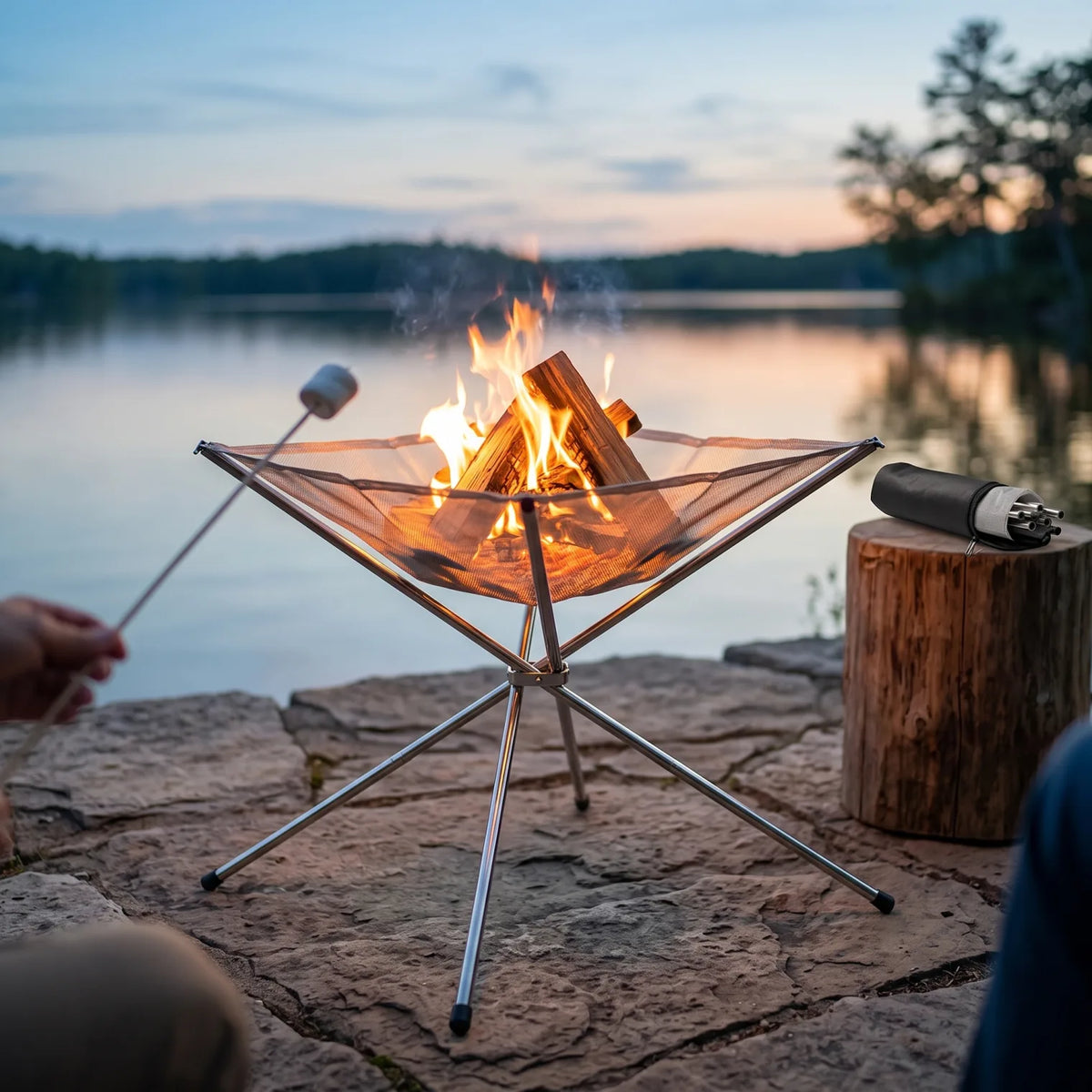 Stainless Steel Mesh Burner – Portable Folding Outdoor Fire Pit | Silver Small & Medium | Four-Leg Stand, Mesh Fire Net and Storage Bag - Silver / Medium - Image 4