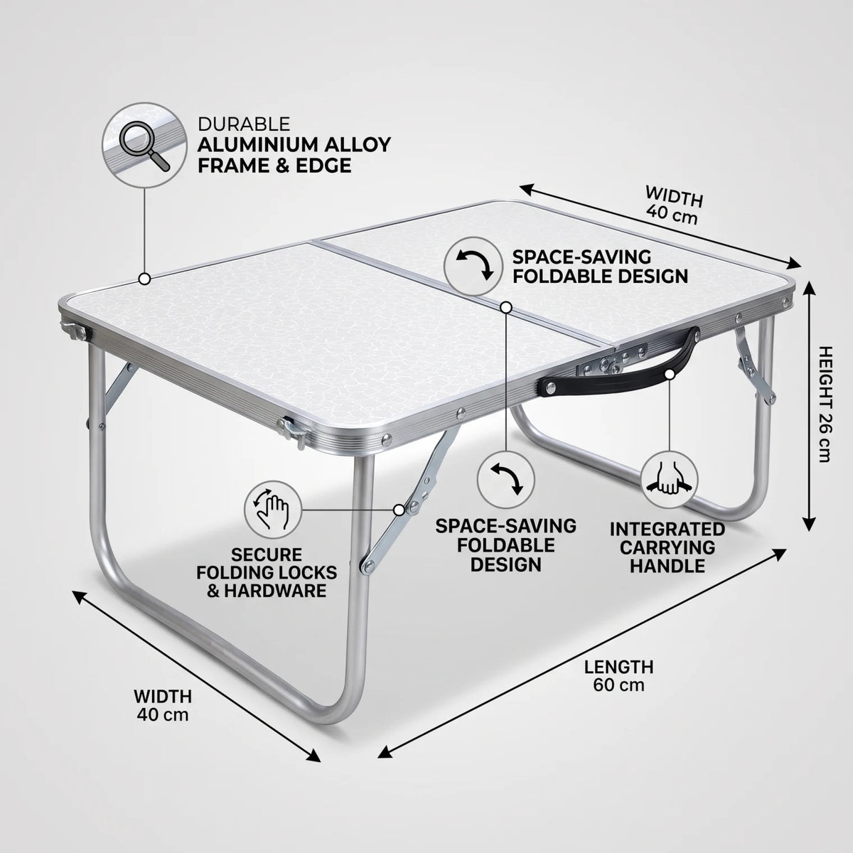 Aluminium Alloy Foldable Mini Camping Table – 60 x 40 x 26 cm | White Patterned Top, Silver Frame and Folding Legs